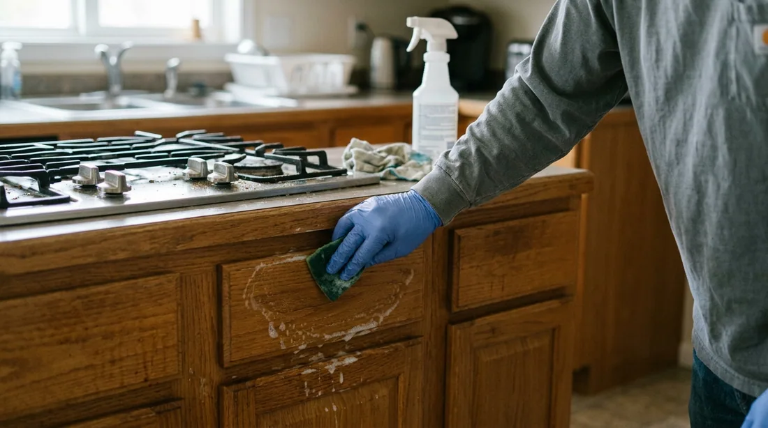 Cabinets near a cooktop carry a film of cooking oil that no primer will stick through — Decatur, IL