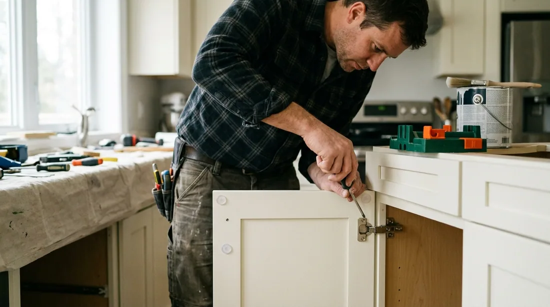 Doors go back on, hinges are adjusted so reveals line up, and new hardware is drilled from a jig — Decatur, IL