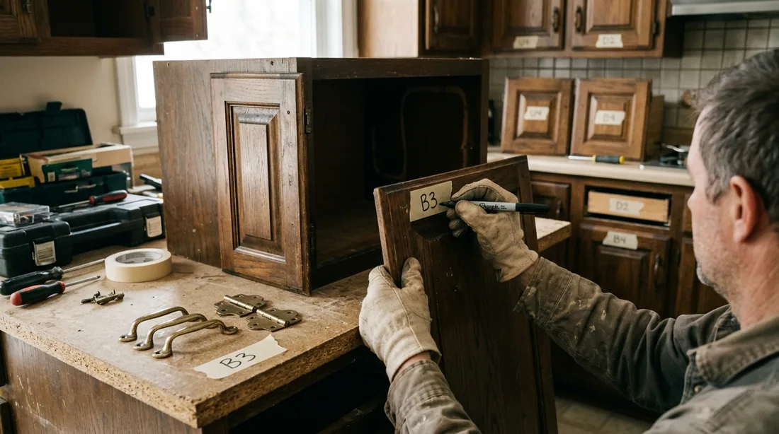 Every door, drawer front, hinge, and pull comes off and gets numbered so it returns to the exact — Decatur, IL