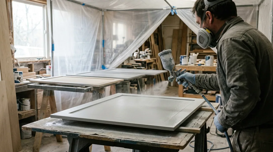 Doors are sprayed flat in a controlled area, two thin coats with a light sand between — Decatur, IL