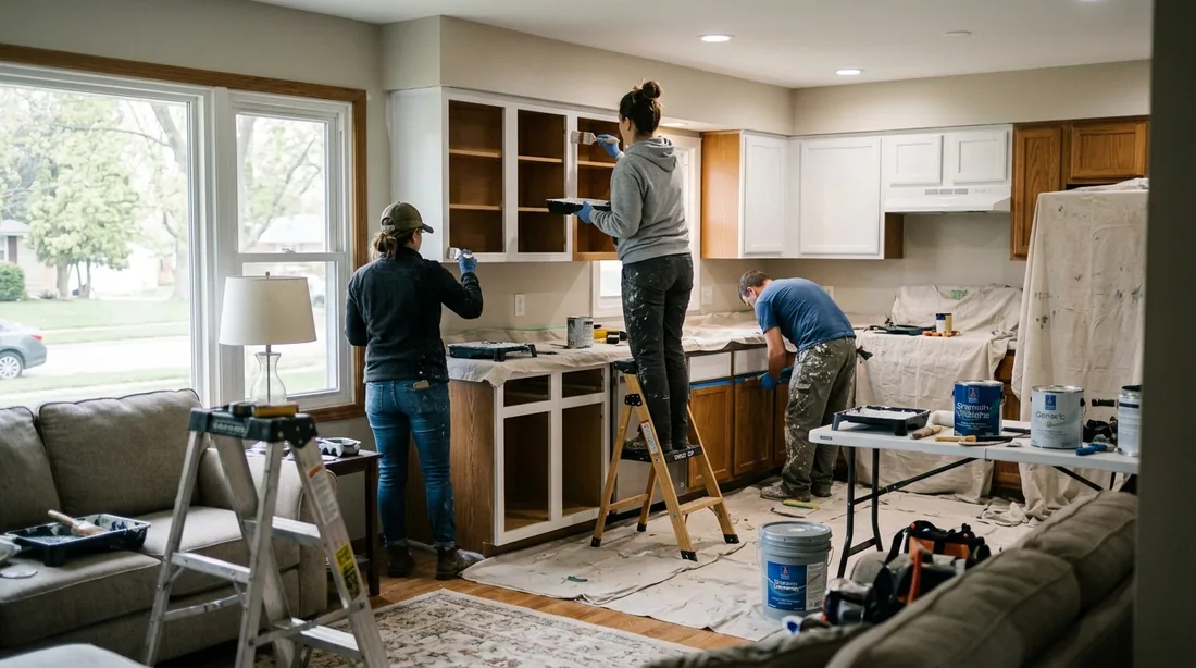 A small professional crew working on a cabinet painting job at a property, seen from behind and at — Decatur, IL